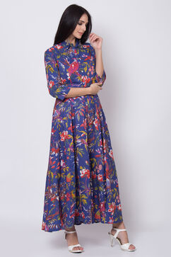 Blue Cotton Flared Fusion Wear Dress image number 3