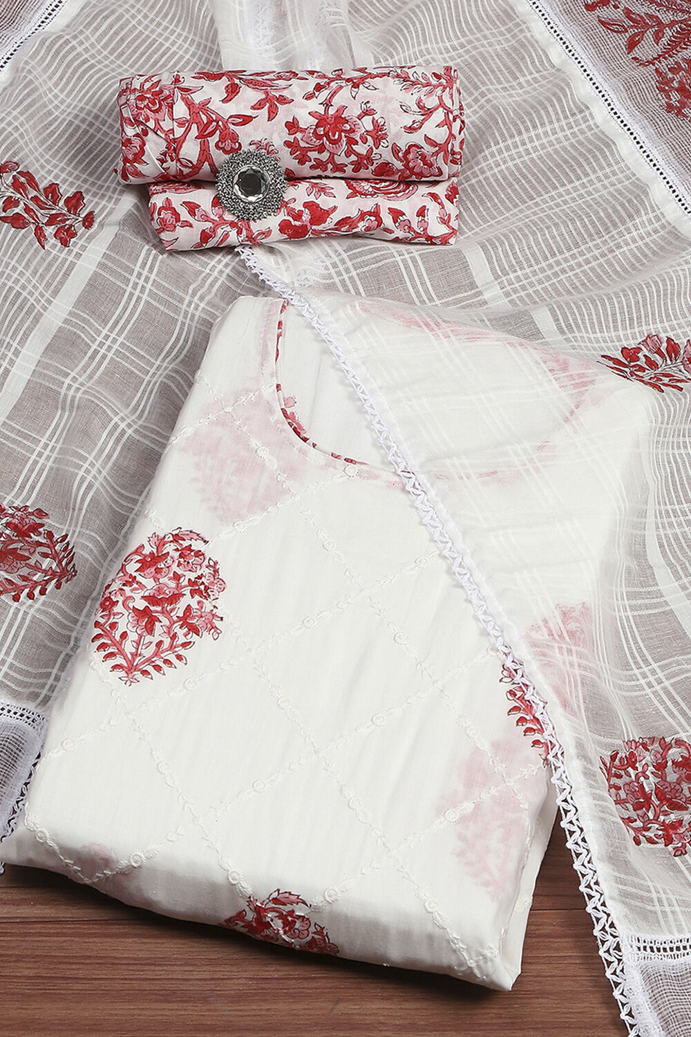 White and Blue Cotton Printed Unstitched Suit Set image number 0