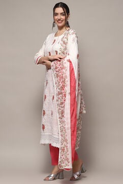 White Pink Cotton Unstitched Suit set image number 5