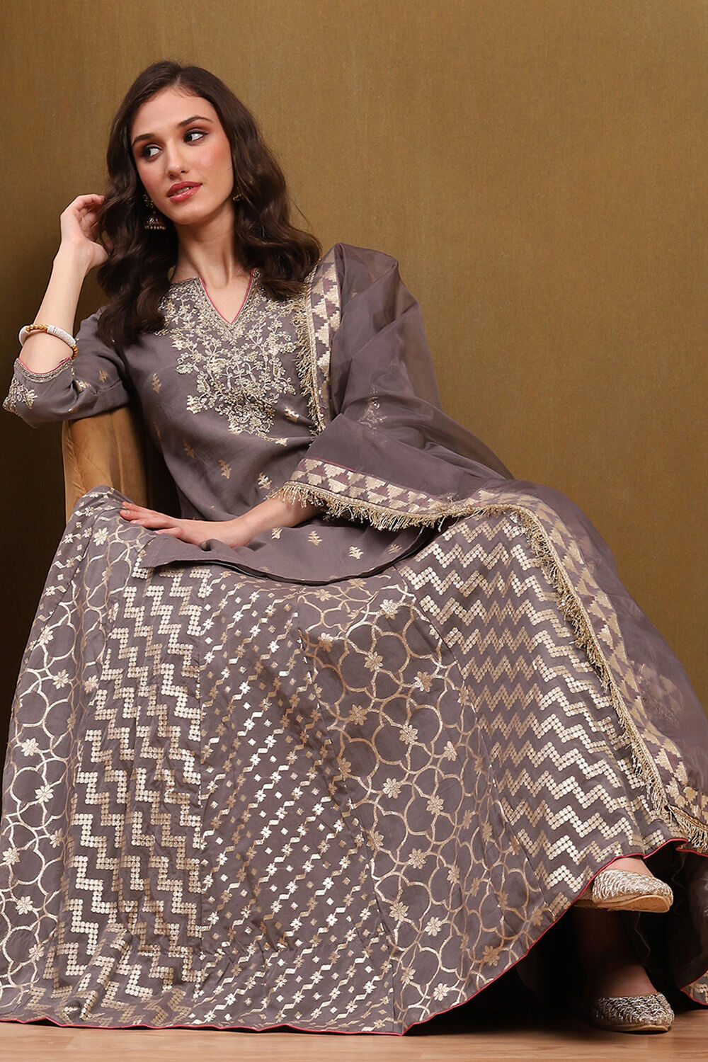 Grey Brocade Embroidered Festive Skirt Set image number 0