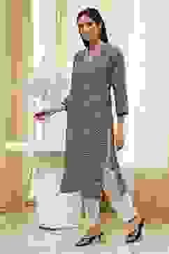 Black Cotton Printed Straight Kurta image number 2