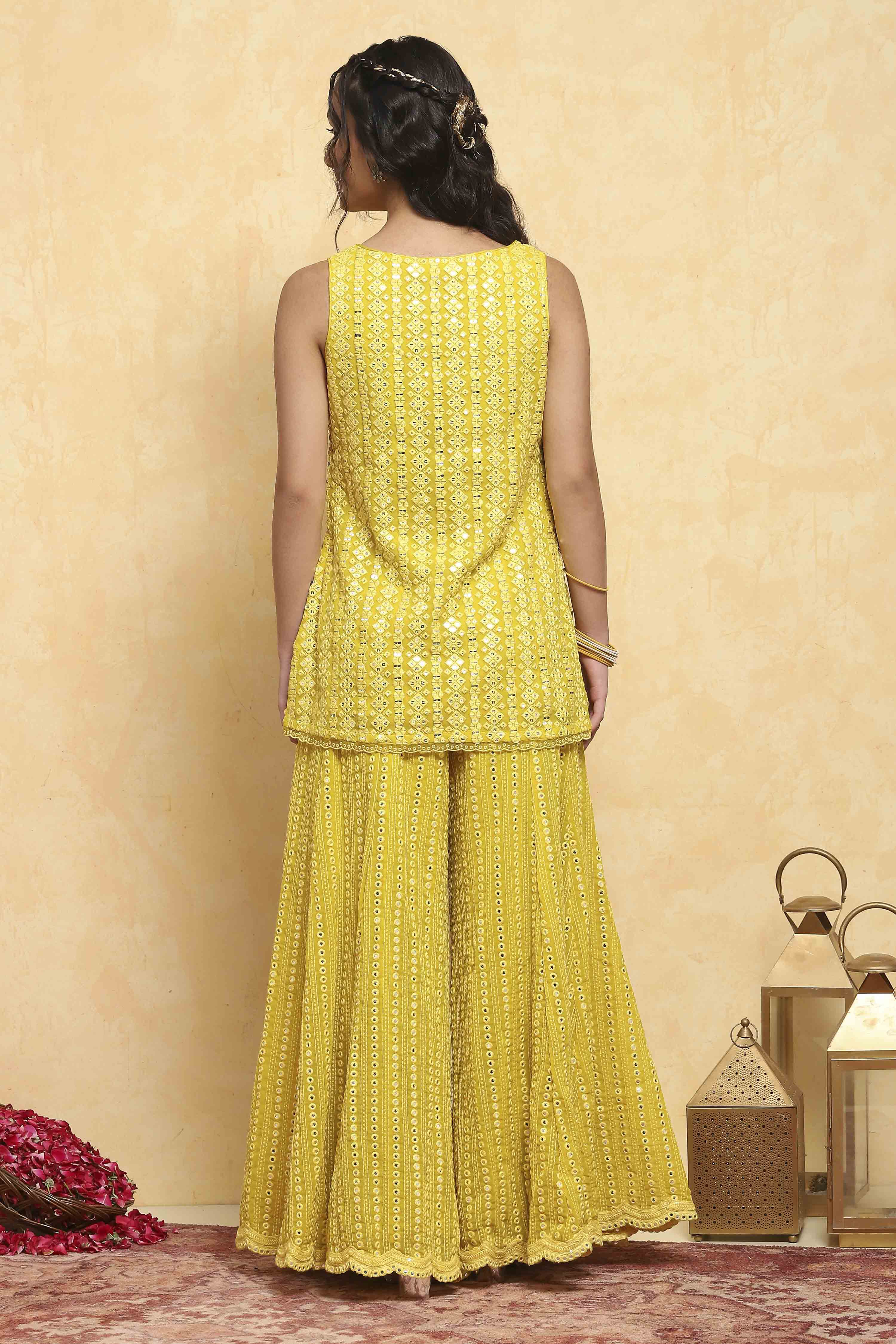Yellow Polyester Dyed Straight Sharara Suit Set image number 4
