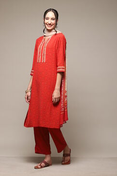 Brown & Red Polyester Straight Kurta Narrow Palazzo Suit Set image number 5