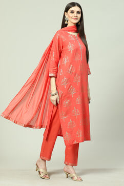 Coral Cotton Straight Kurta Regular Pants Suit Set image number 6