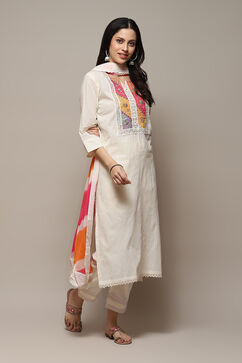 Off White Cotton Schiffly Unstitched Suit Set image number 7
