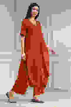 Burnt Orange Dyed Asymmetric Kurta Set image number 5