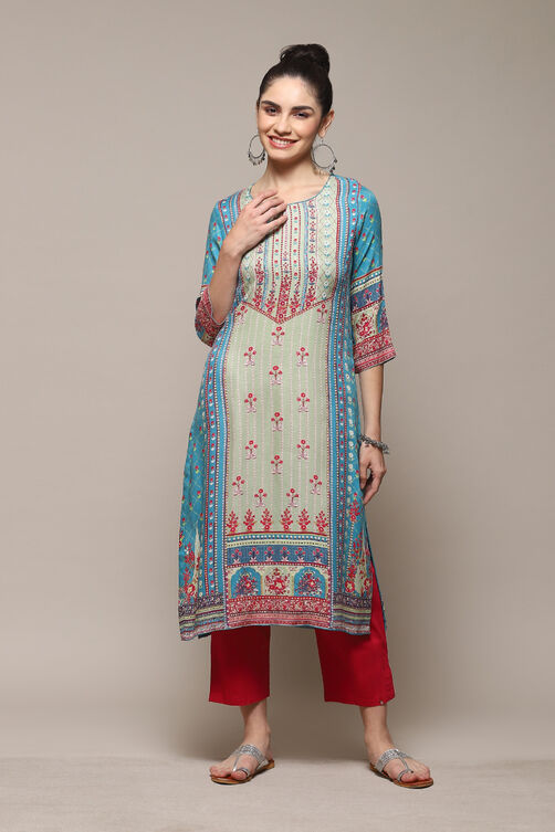 Teal Viscose Straight Printed Kurta