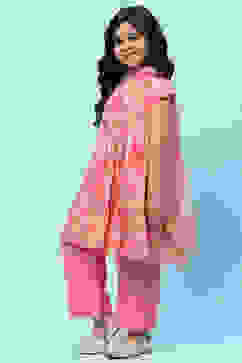 Pink Cotton Floral Printed Gathered Tiered Suit Set image number 4