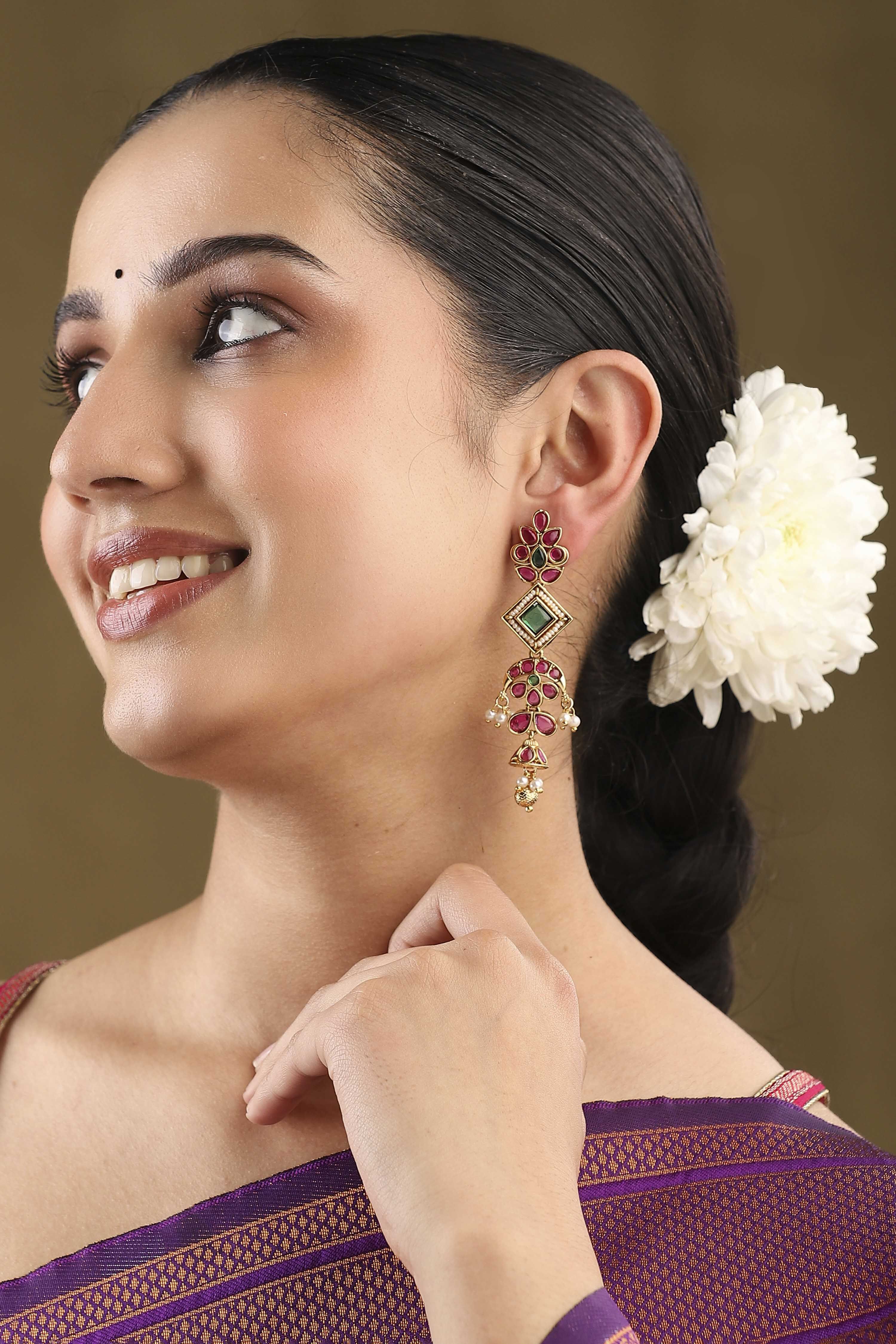 Multicolour Gold Plated Brass Stone Studded Drop Earrings image number 3