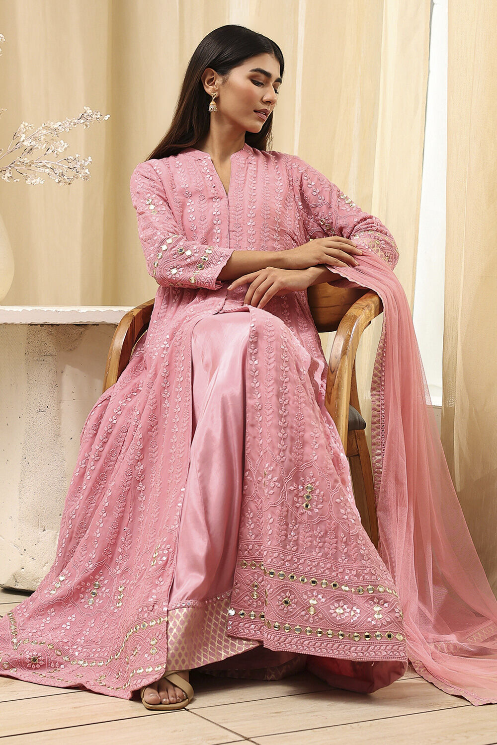 Powder Pink Embroidered Front Open Suit Set image number 2