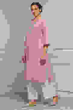 Onion Pink Cotton Solid Straight Kurta image number 2