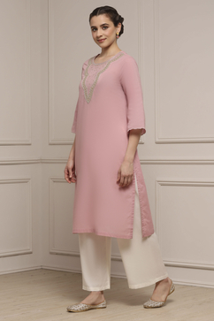 Onion Pink Cotton Straight Solid Kurta image number 2