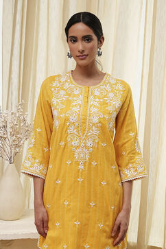 Yellow Cotton Embroidered Straight Kurta Set image number 1