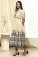 Off-White and Black Cotton Printed Tiered Dress image number 2
