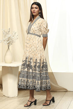 Off-White and Black Cotton Printed Tiered Dress image number 2