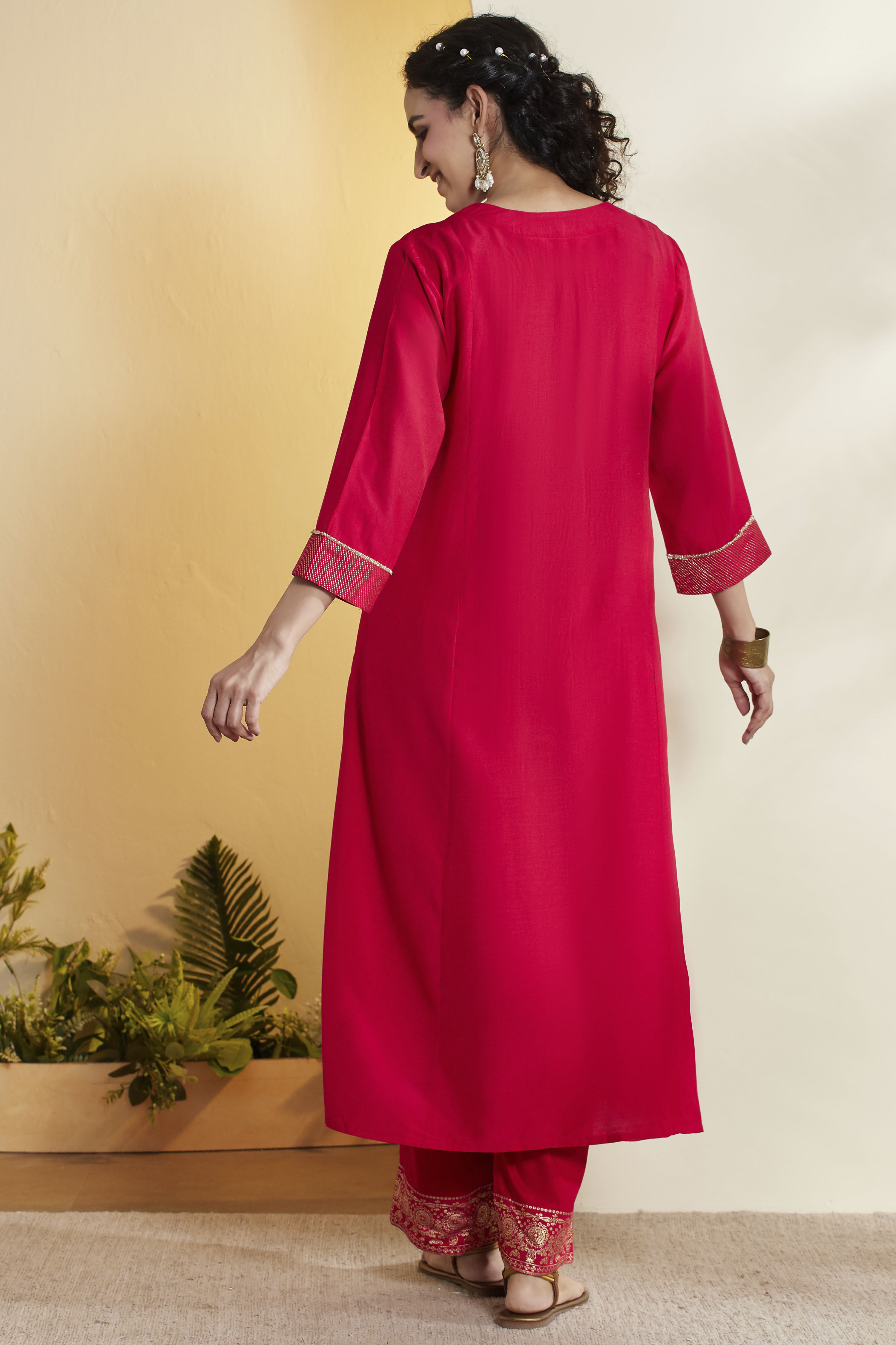 Pink Viscose Blend Solid Flared Kurta image number 5
