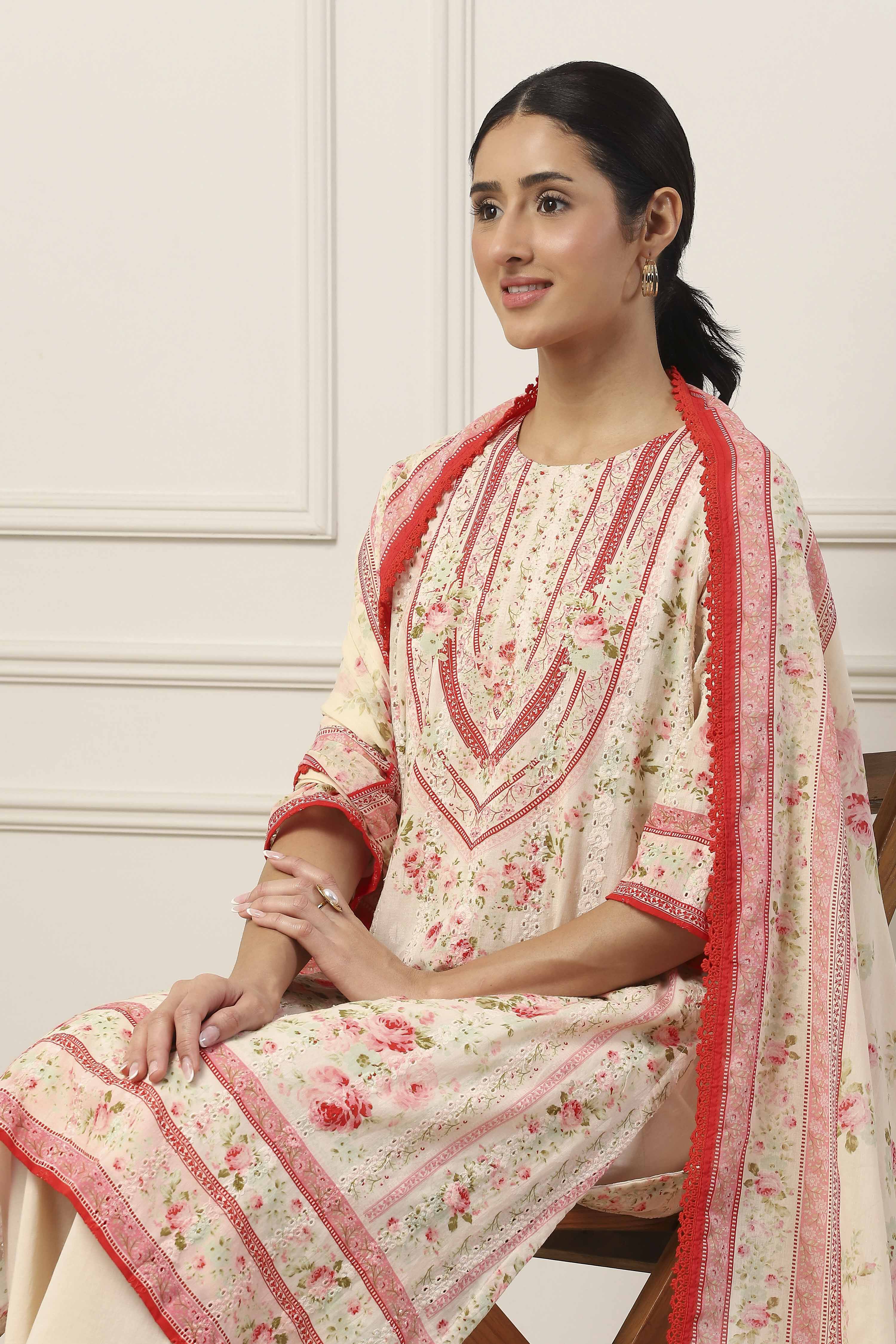 White Cotton Floral Printed A-Line Suit Set image number 8