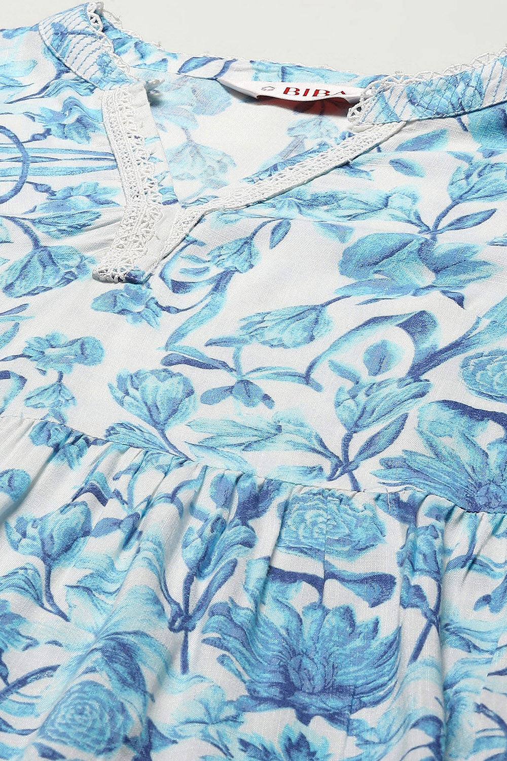 White and Blue Cotton Floral Tiered Dress image number 1