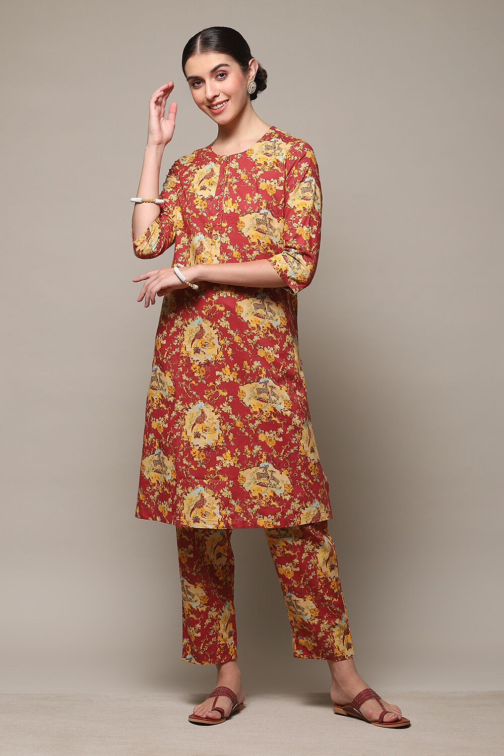 Mustard Cotton Straight Kurta Relaxed Pant Suit Set image number 0
