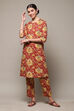 Red Cotton Straight Kurta Relaxed Pant Suit Set image number 0