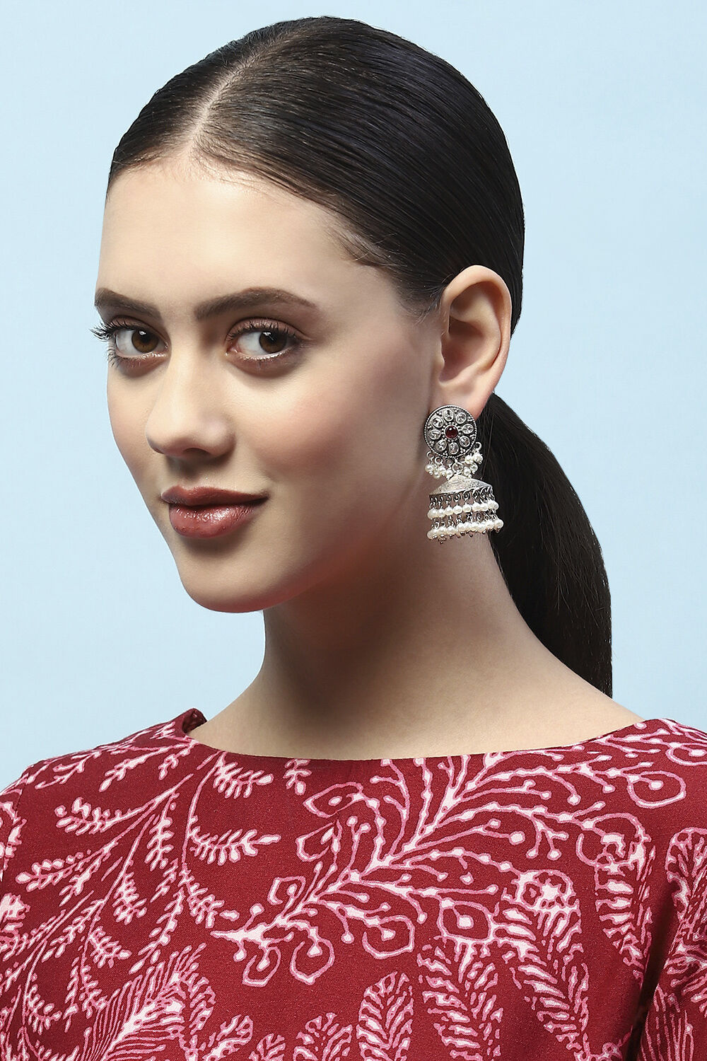 Pink Oxidised Stone Studded Dome Shaped Jhumkas image number 1