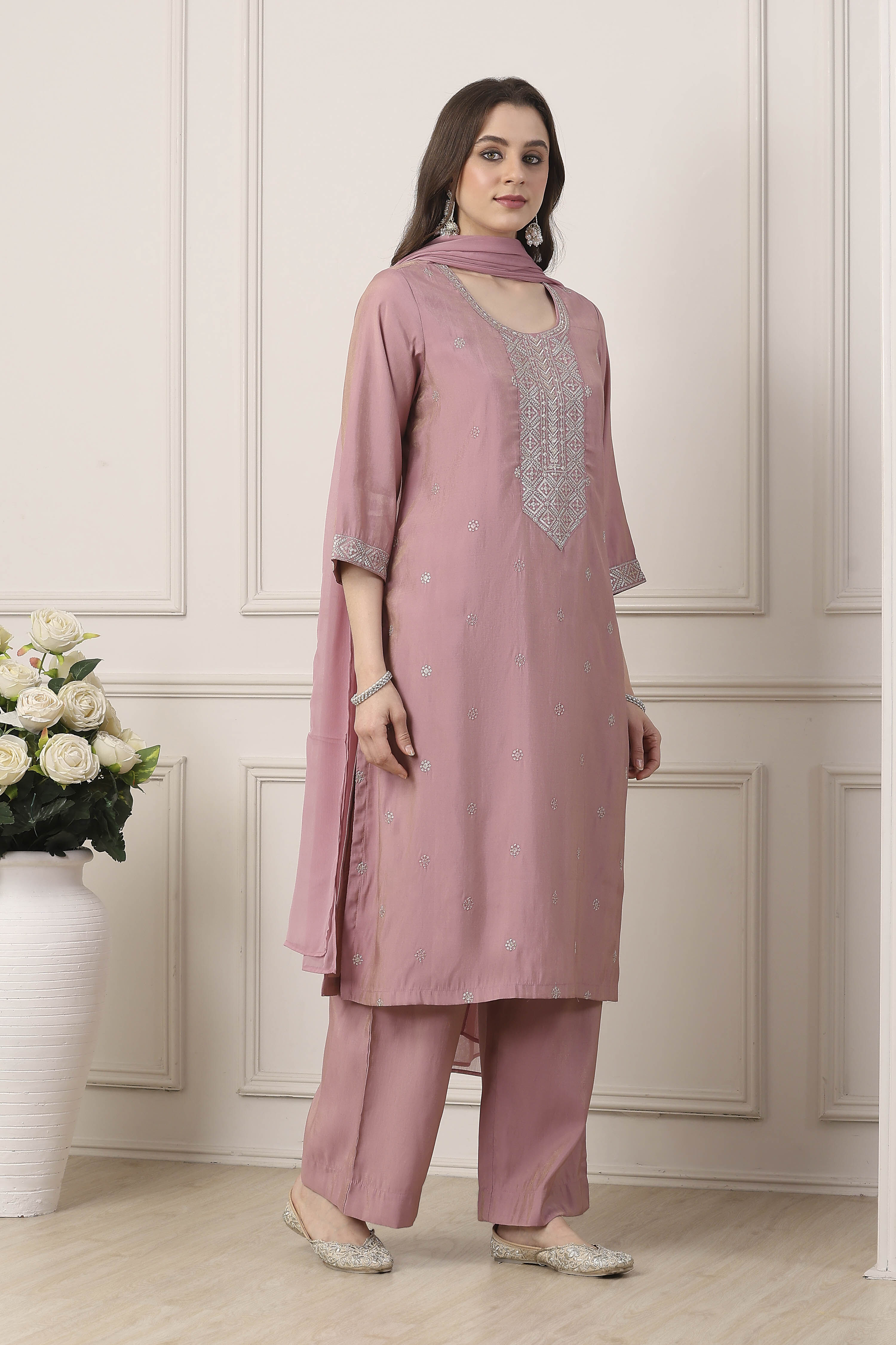 Pink Yoke Embroidered Straight Suit Set image number 5