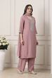 Pink Yoke Embroidered Straight Suit Set image number 5