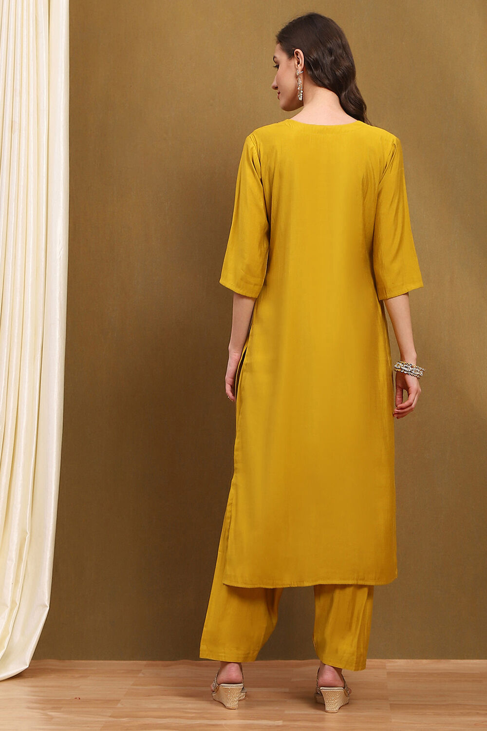 Mustard Yellow Chanderi Embroidered Unstitched Suit Set image number 4