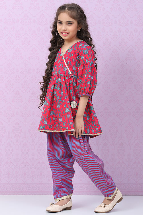 Pink Cotton Flared Printed Kurta Set image number 0