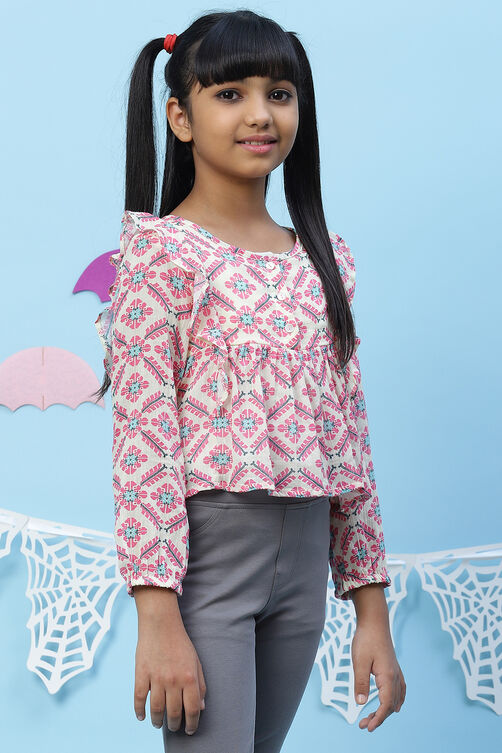 Pink And Cream Straight Cotton Printed Top image number 2