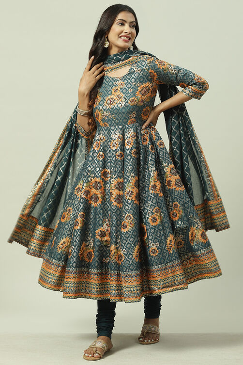 Peacock Blue Cotton Anarkali Kurta Churidar Suit Set image number 7