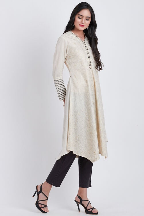 Off White Cotton Flax A-Line Printed Kurta image number 3