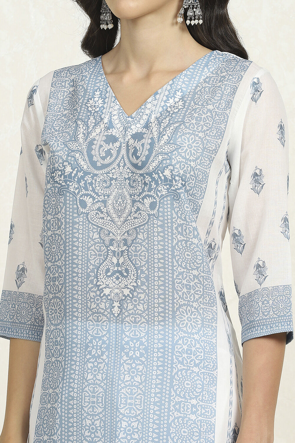 White and Blue Cotton Digital Print Unstitched Suit Set image number 2