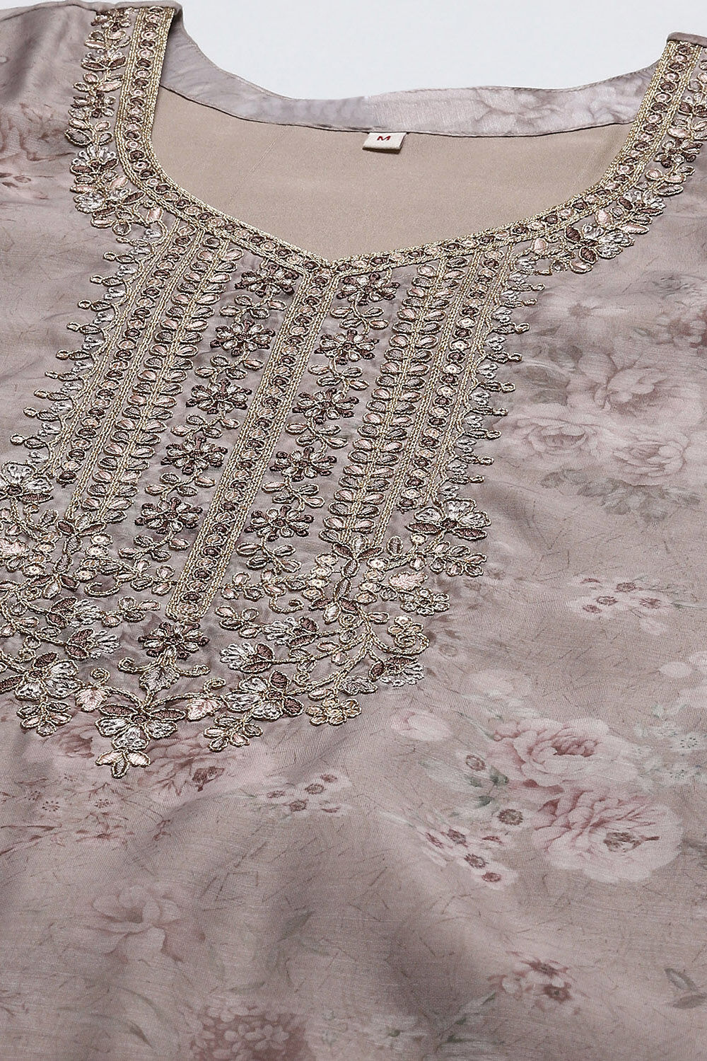 Beige Chanderi Blend Machine Embroidered Unstitched Suit Set image number 2