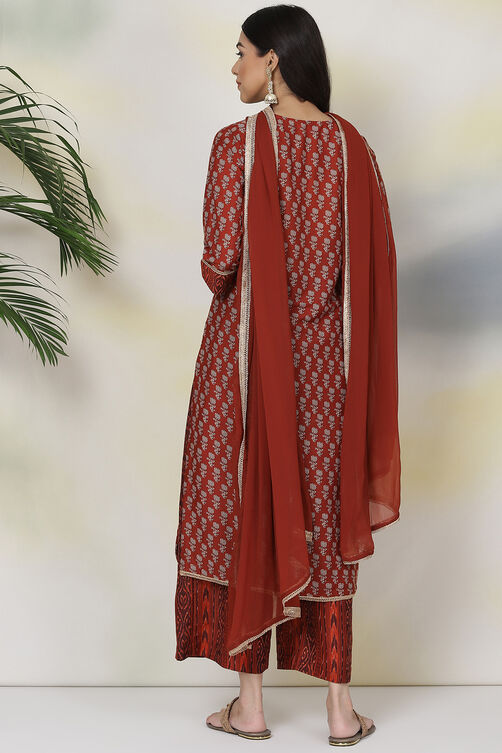 Terracotta Red Art Silk Straight Kurta Palazzo Suit Set image number 6