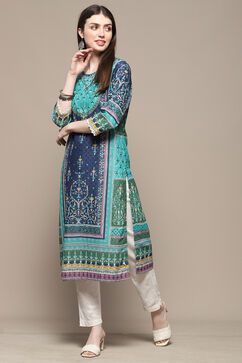 Teal Cotton Straight Kurta image number 0