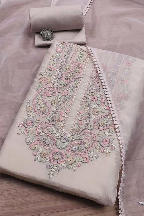 Grey Tissue Hand Embroidered Unstitched Suit Set image number 0