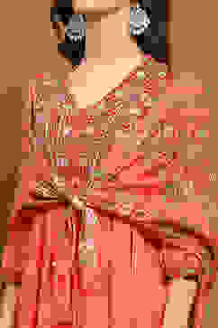 Peach-Toned and Beige Embroidered Peplum Kurta Set image number 8