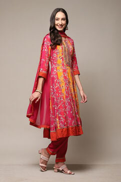 Onion Pink & Mustard LIVA Kalidar Kurta Churi Salwar Suit Set image number 6