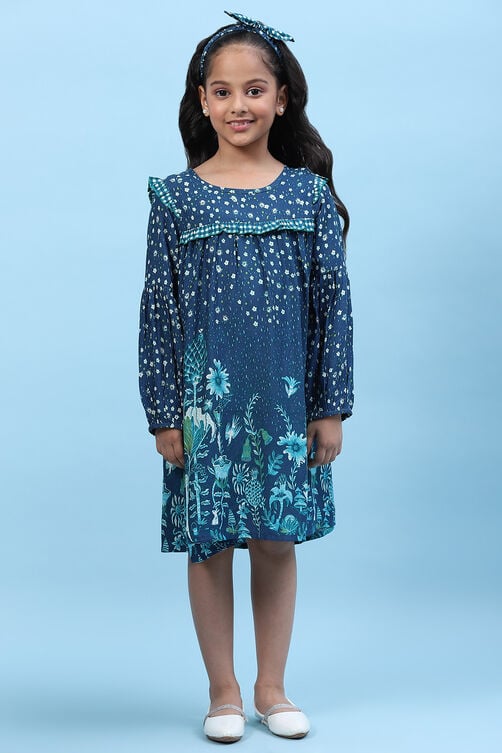 Blue Rayon Flared Printed Dress image number 6