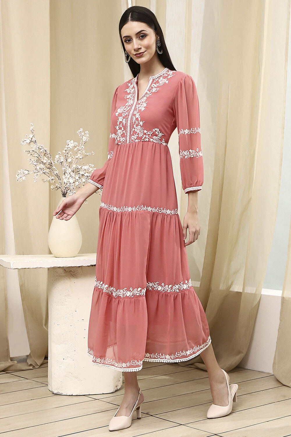 Light Pink Embroidered Tiered Dress image number 2