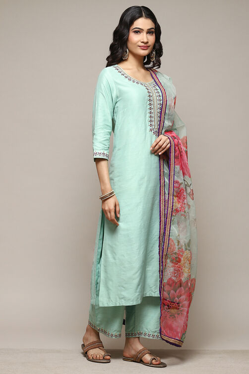 Sea Green Poly Viscose A-Line Kurta Palazzo Suit Set image number 6