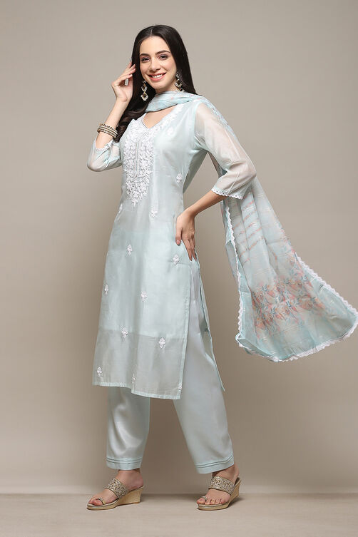 Sky Blue Chanderi Blend Machine Embroidered Unstitched Suit Set image number 1