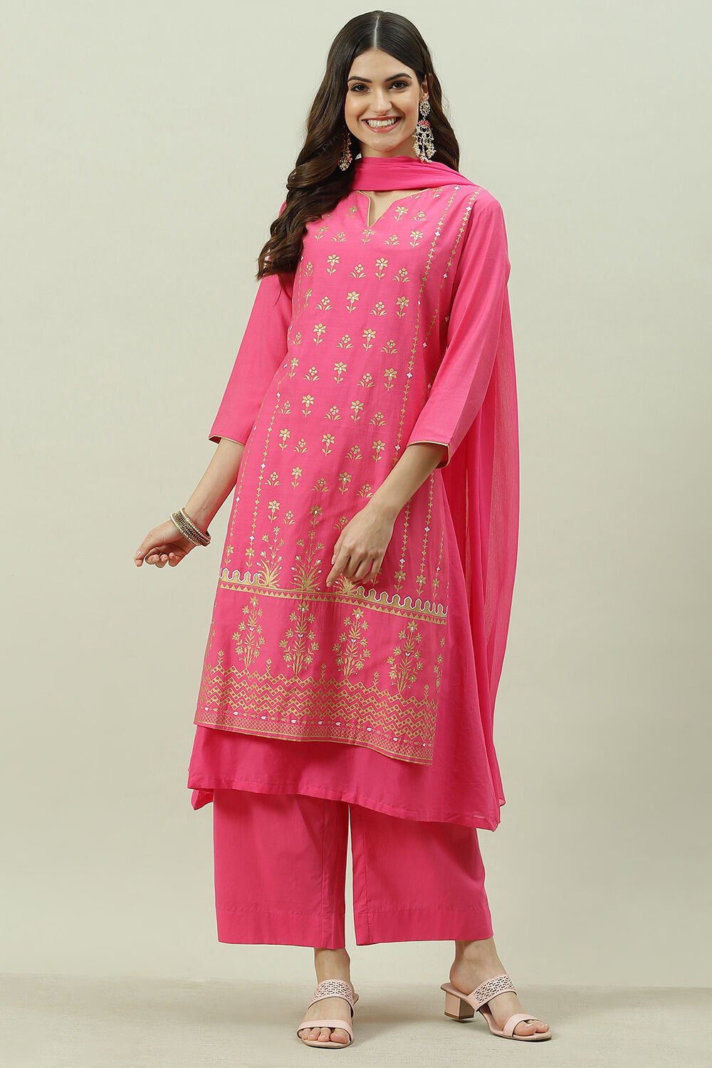 Pink Printed Layered Kurta Palazzo Suit Set