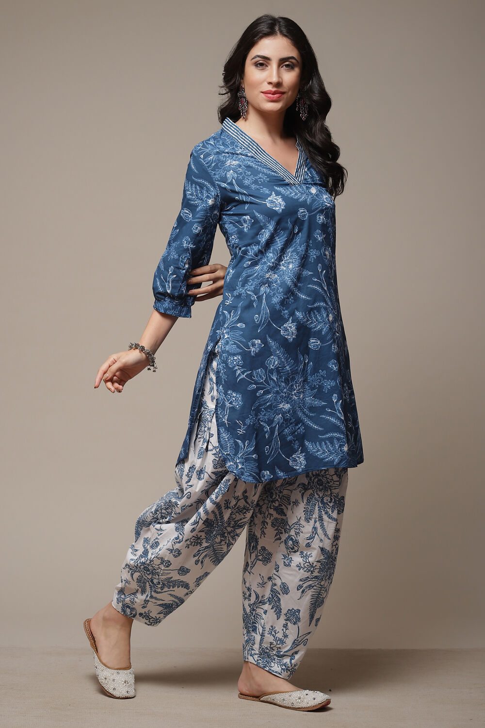 Indigo Cotton Straight Kurta Cross Yoke Salwar 2 Piece Set image number 3