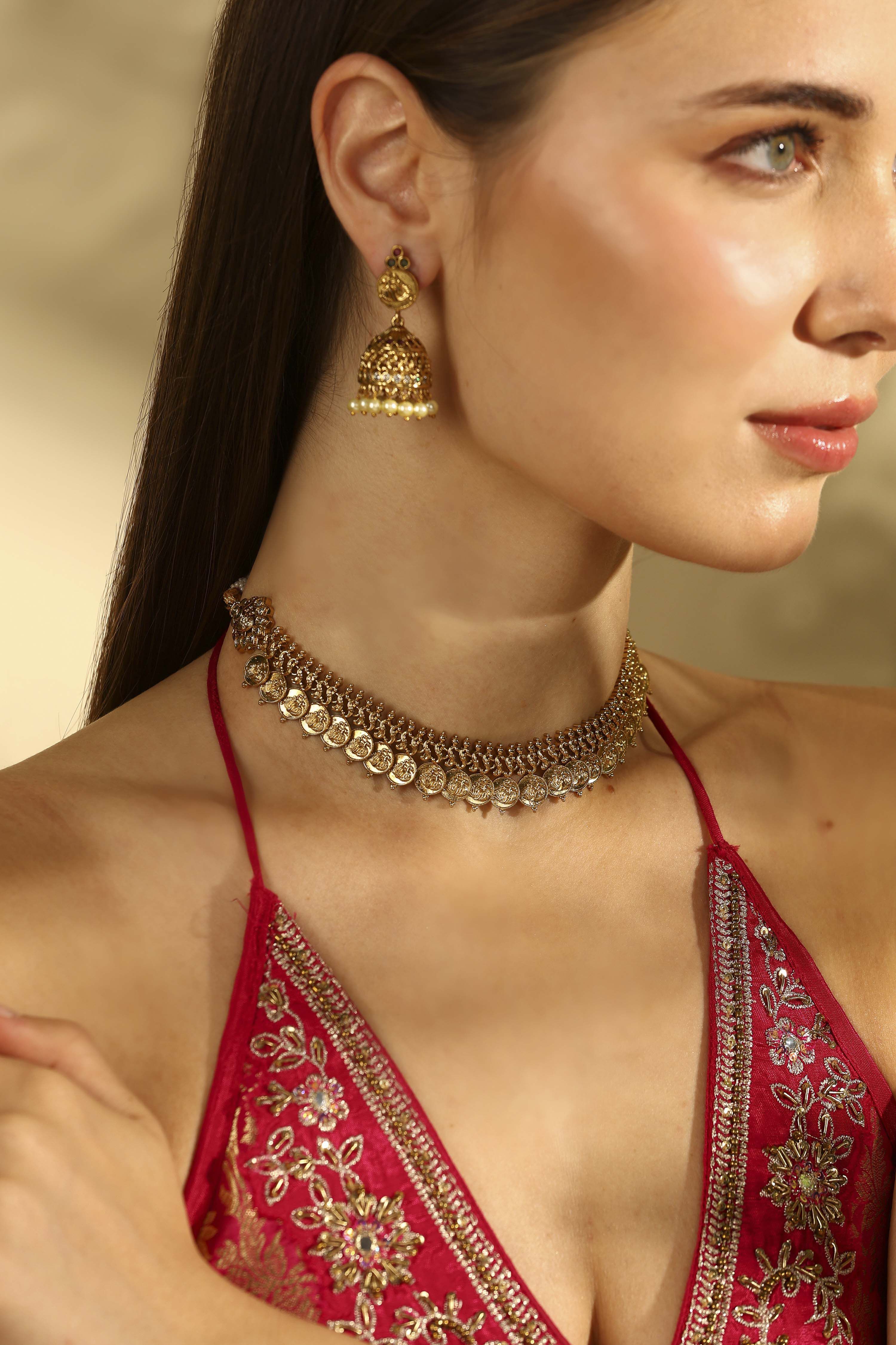 Gold-Plated Brass Coin Detail Necklace Set image number 1
