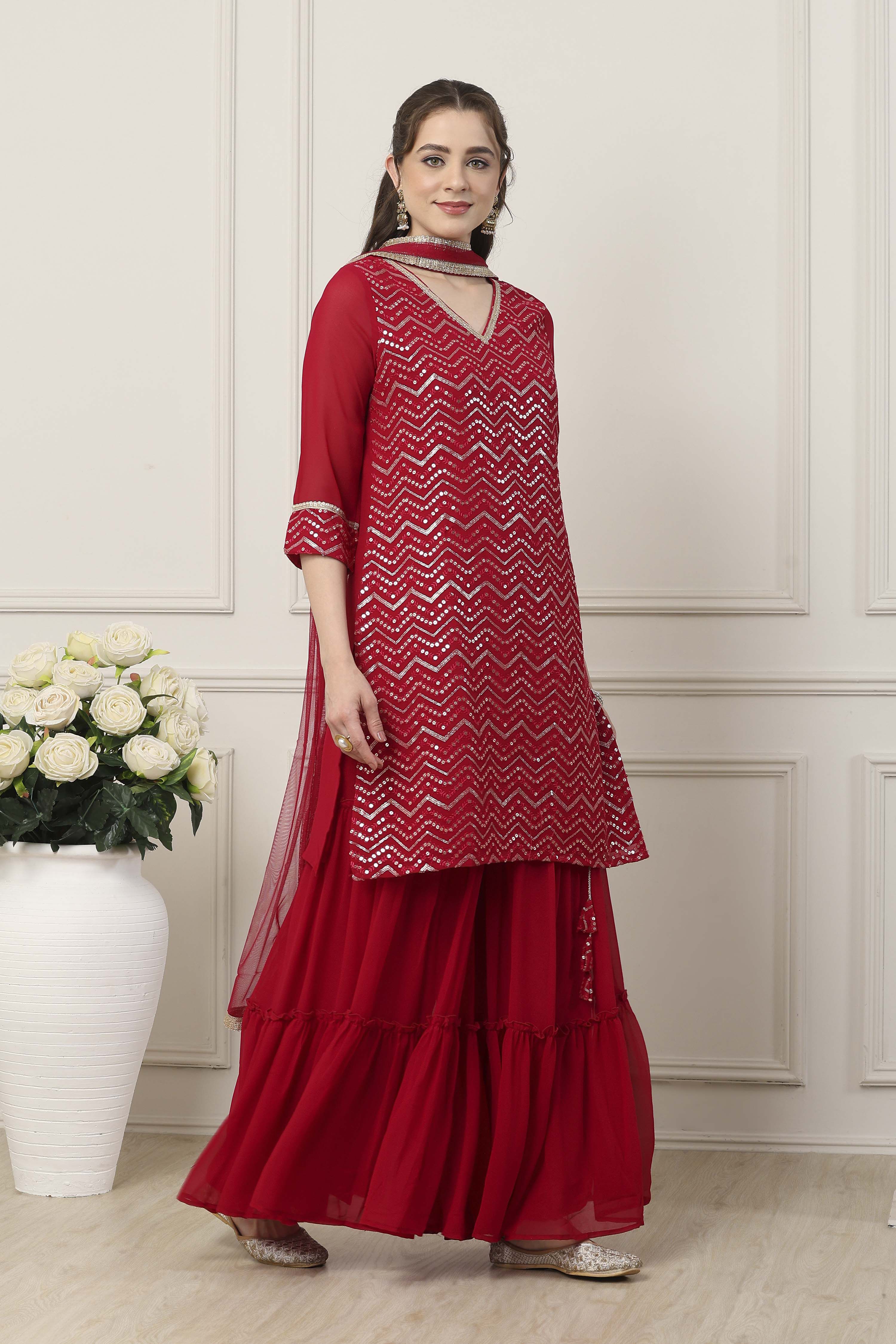 Red Polyester Straight Embroidered Sharara Suit Set image number 4