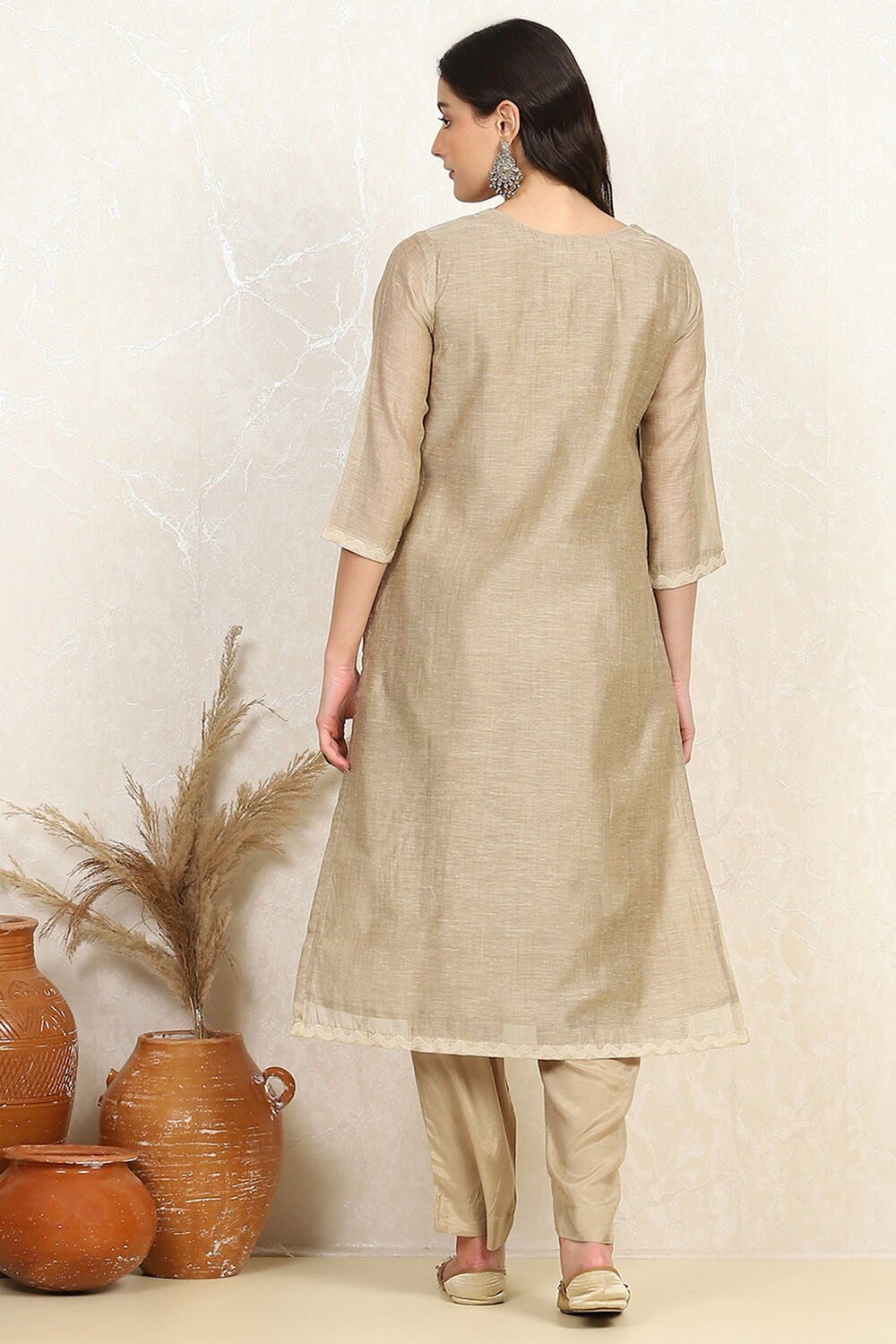 Beige Chanderi Hand Embroidered Unstitched Suit Set image number 5