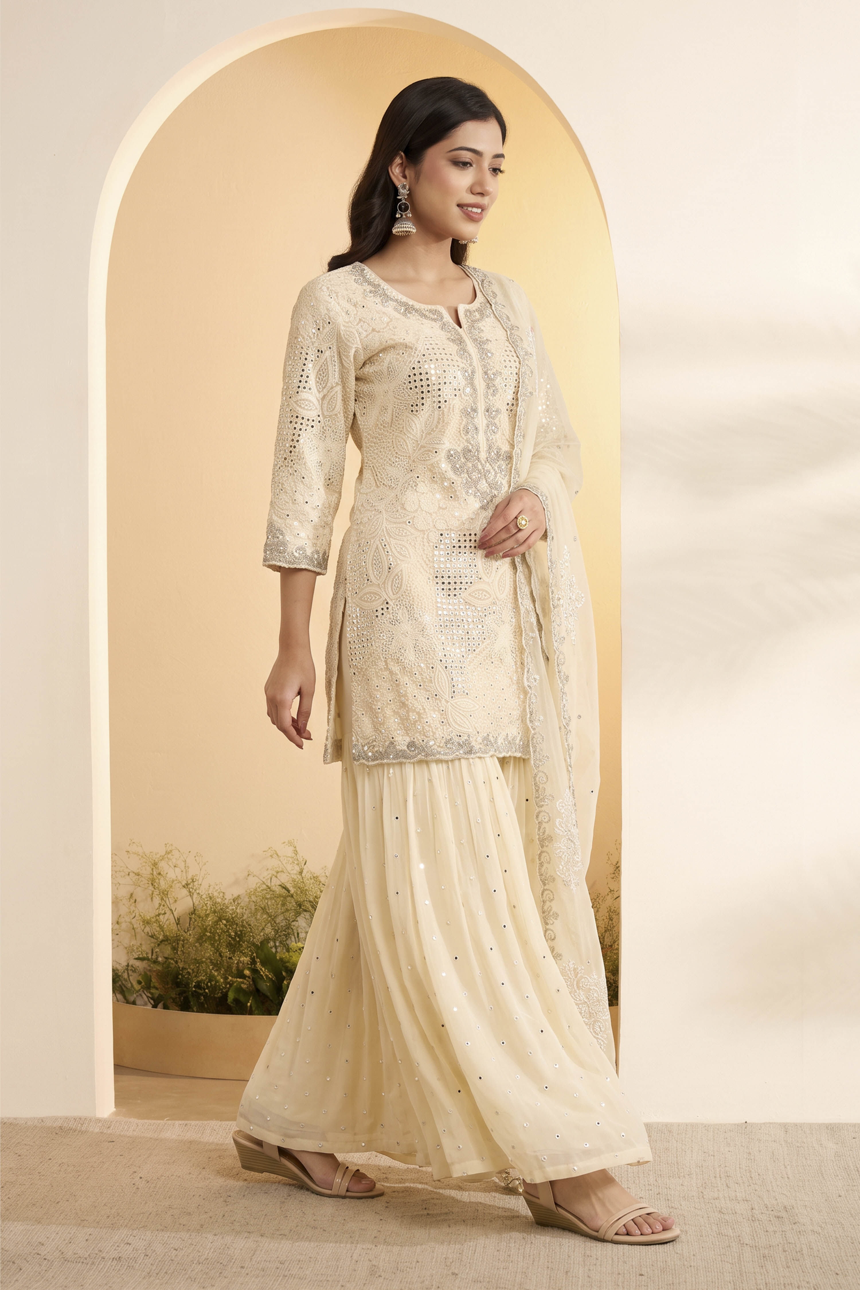 Ivory Butterfly Net Embroidered Sharara Suit Set image number 3