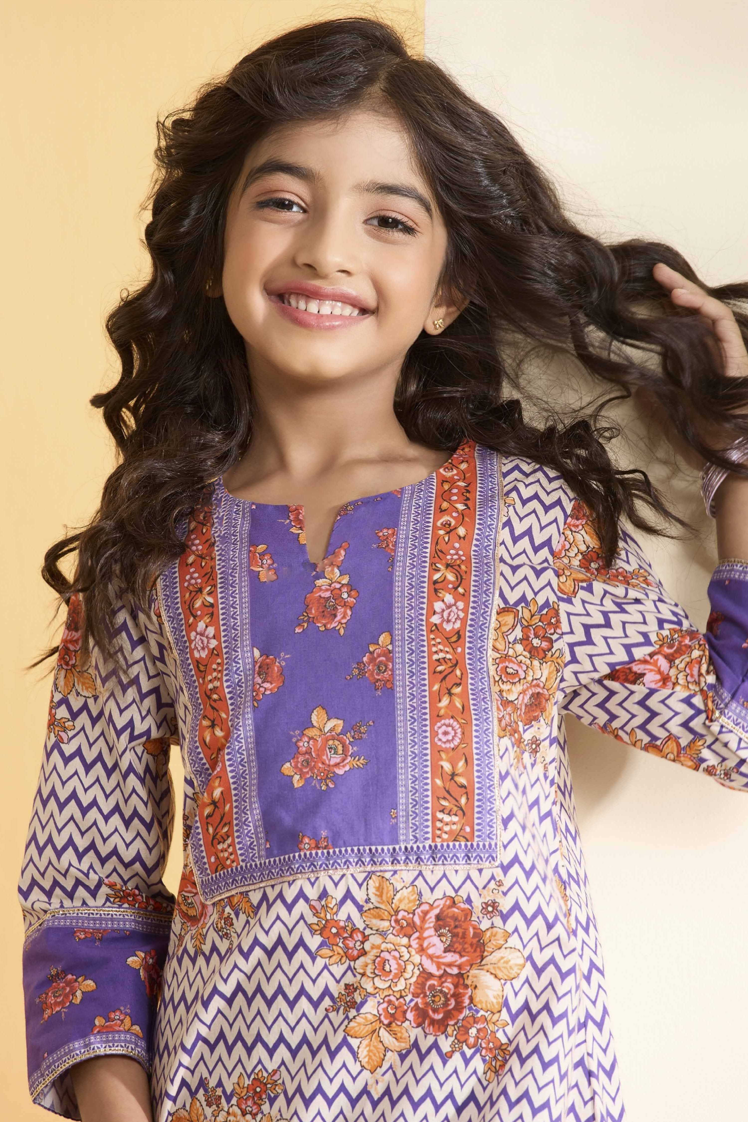 Purple Cotton Printed A-Line Kurta Set image number 1